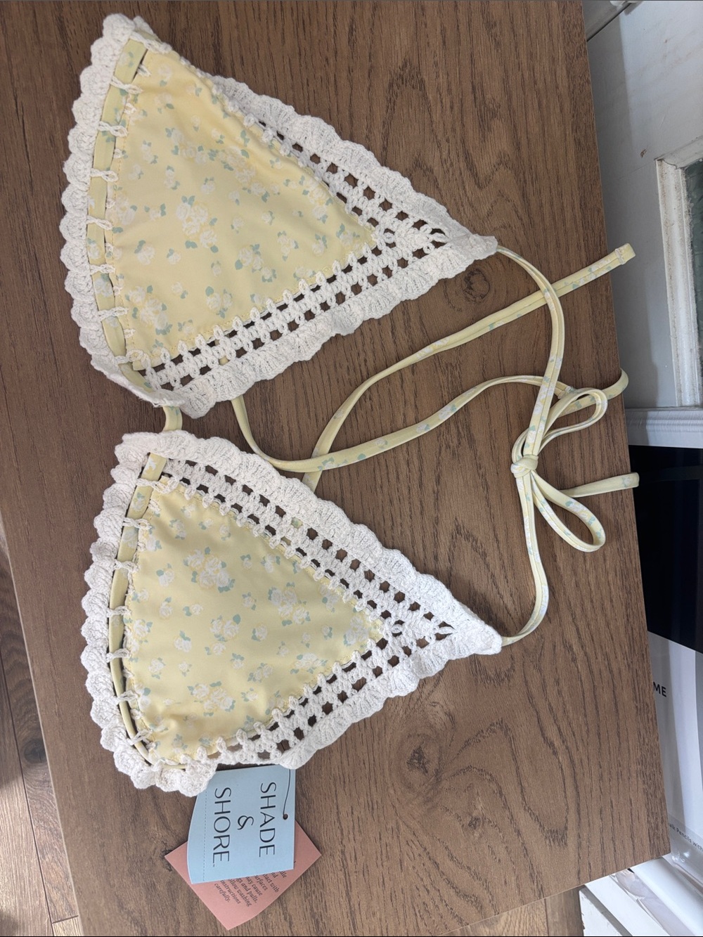 Shade & Shore Yellow Floral Crochet-Trim Triangle Bikini Top